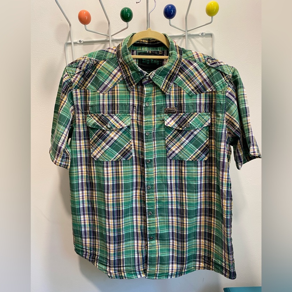 Zig Zag Western Style Plaid Pearl Snap Shirt Sleeved Shirt - XL